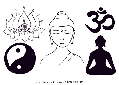 Buddhist symbols. Meditating Buddha, Lotus, Yin Yang symbol, Om symbol Vector