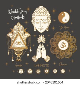 Buddhist Symbols Set: Hamsa, Om, Buddha, Namaste, Lotus, Yin Yang, Chakras, Mandala