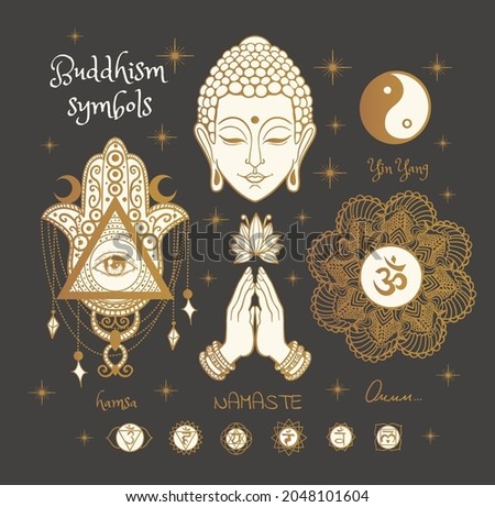 Buddhist symbols set: hamsa, om, buddha, namaste, lotus, yin yang, chakras, mandala