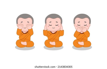 Buddhist teaching to see no evil  hear no evil    speak no evil  Flat vector cartoon monk