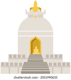 Buddhist temple. Asian or Chinese building or temple in traditional style isolated. Country national symbol for travel with buddha statue. Travel Chinese vector poster with japanese famous landmark
