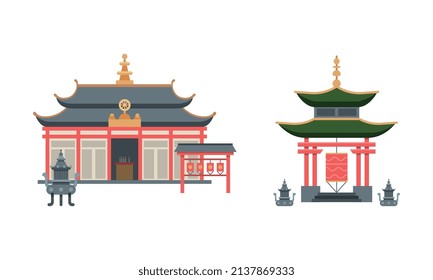 Buddhist Temple Building or Religious House as Place of Worship Vector Set