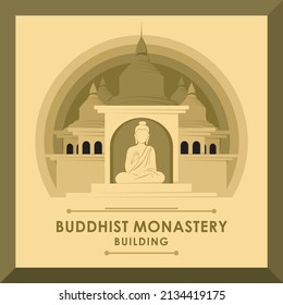 Buddhist temple. A building or a temple and there is a Buddha statue inside in a traditional style. Retro style