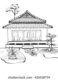 Buddhist temple. Chinese House. Tibetan temple. Building with trees. Black and white drawing by hand. Line art.