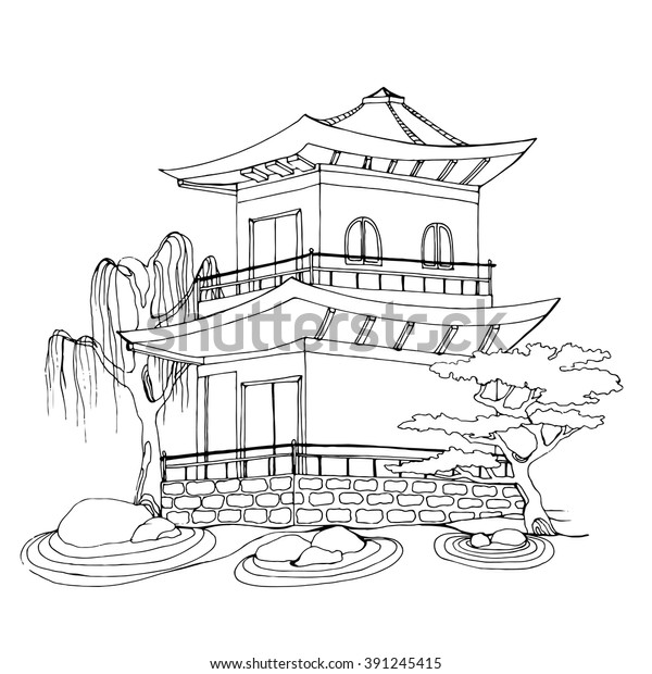 Buddhist temple. Chinese House. Tibetan temple. Building with trees