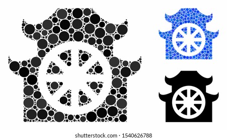Buddhist temple composition of circle elements in variable sizes and color tints, based on buddhist temple icon. Vector filled circles are grouped into blue composition.