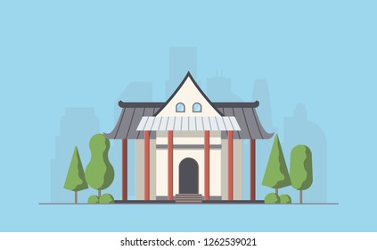 Buddhist temple exterior. Buddhism traditional religion temple building. Worship place. Vector illustration.