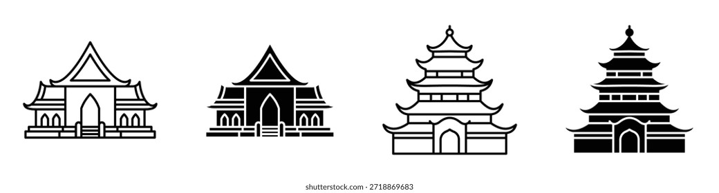 Ícone de templo budista em linear e clipart pacote de estilo em fundo branco.