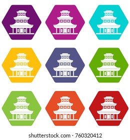 Buddhist temple icon set many color hexahedron isolated on white vector illustration