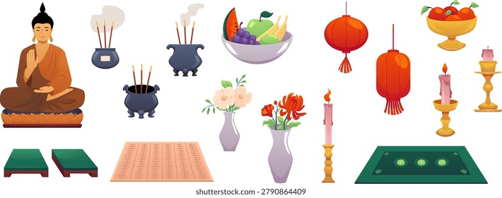 Buddhist temple interior collection. Buddha worshiping altar, red paper lanterns, candles, flowers in vase, incense stick and bowl of fruits. Meditation accessories. Vector flat illustrations set