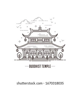 Buddhist temple logo. Asian Buddhism religion icon in simple line art style outline vector illustration isolated on white background