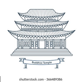 Templo budista, monasterio. Símbolo budista. Casa pagoda. Ilustración de arquitectura vectorial de línea plana. Icono de trazo religioso. Construcción religiosa. Para afiche, volante, web, banner, encabezado, imagen de héroe