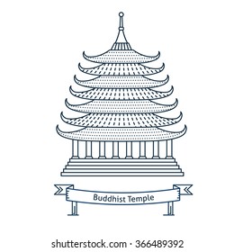 Buddhist temple, monastery. Buddhism symbol. Pagoda house. Flat line vector architecture illustration. Religion stroke icon. Religion building. For poster, flyer, web, banner, header, hero image