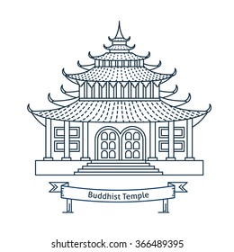 Buddhist temple, monastery. Buddhism symbol. Pagoda house. Flat line vector architecture illustration. Religion stroke icon. Religion building. For poster, flyer, web, banner, header, hero image