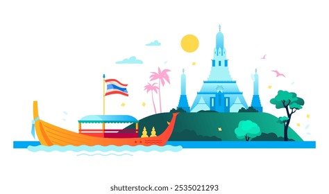 Templo budista en la isla - Ilustración vectorial de color moderno con Sunrise Temple Wat Arun, bandera nacional de Tailandia y transporte de agua - tradicional bote de cola larga hecho de madera. Vacaciones de verano