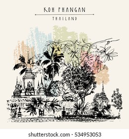 Buddhist temple on Koh Phangan island, Thailand, Hand drawn postcard in vector