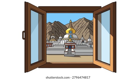 Buddhist temple through a window