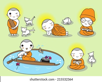 Buddhist Thai Monk Characters illustration set