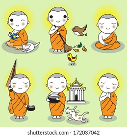 Buddhist Thai Monk Characters set illustration