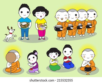 Buddhist Thai Monk and People Characters illustration set