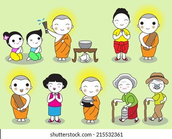 Buddhist Thai Monk and People Characters illustration set