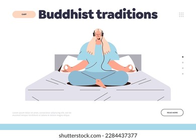 Buddhist tradition concept. Young woman wearing headphones listening relaxing mantra music and meditating sitting on bed vector illustration. Landing page design template. Emotional balance concept