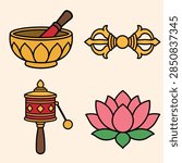 Buddhist vector icon set with singing bowl, vajra, prayer wheel and lotus flower. Colorful spiritual symbols for Buddhism, meditation, temple culture and religious design.
