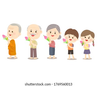 Buddhist Walking with Lighted Candles in Hand Around a Temple Vector