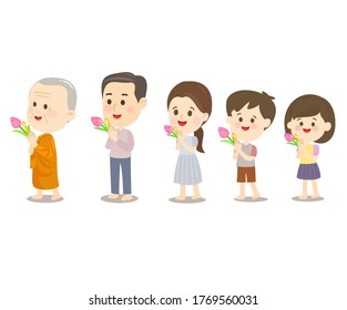 Buddhist Walking with Lighted Candles in Hand Around a Temple Vector