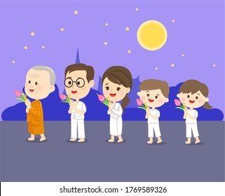 Buddhist Walking with Lighted Candles in Hand Around a Temple Vector