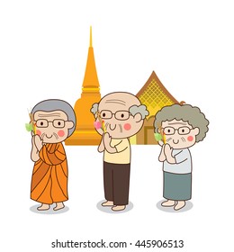 Buddhist walking with lighted candles in hand around a temple to pay respect to the Triple Refuges on white background.