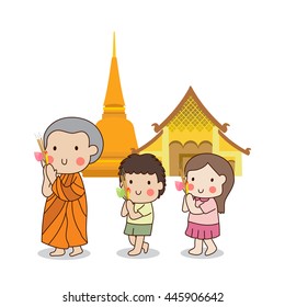 Buddhist walking with lighted candles in hand around a temple to pay respect to the Triple Refuges on white background.