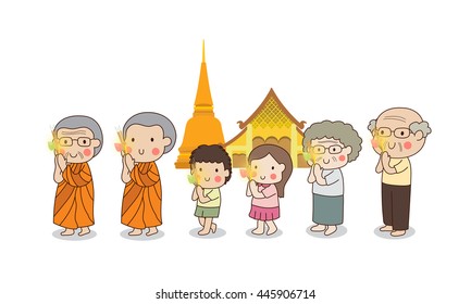 Buddhist walking with lighted candles in hand around a temple to pay respect to the Triple Refuges on white background.