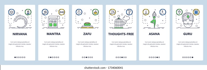 Buddhist web site and mobile app onboarding screens. Menu banner vector template for website and application development. Nirvana, asana poses, mantra, guru, hinduism, buddhism app. Thin line art.