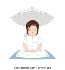 Buddhist Woman character cartoon is sitting meditate with umbrella for outdoor in traditional white plain clothes on white background vector illustration.