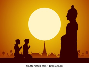 Buddhist woman and man pay respect to Buddha sculpture politely with faith and believe,silhouette style vector illustration
