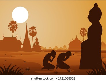 Buddhist woman and man pay respect to buddha sculpture politely with faith and belief,silhouette style vector illustration