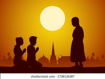 Buddhistische Frau und Mann respektieren den Mönch höflich mit Glauben und Glauben, Silhouette Stil Vektorgrafik