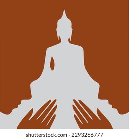 Buddhist woman and man pay respect to buddha sculpture politely with faith and belief,silhouette style vector illustration