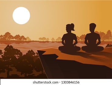 Buddhist woman and man train meditation to come to peace and out of suffer,silhouette style vector illustration