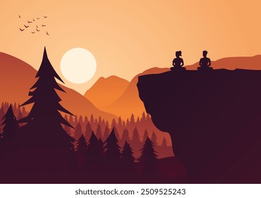 Buddhist woman and man train meditation to come to peace and out of suffer under the tree ,silhouette style vector illustration