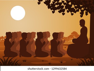 Buddhist women and men pay respect to monk politely with faith and believe,silhouette style vector illustration