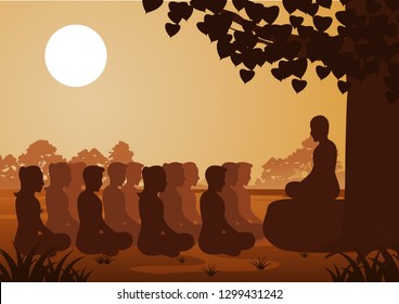 Buddhist women and men pay train meditation with monk to come to peace and out of suffer under the tree ,silhouette style vector illustration