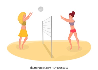 Buddies playing beach volleyball vector illustration. Spending free time on vacation actively, healthy life isolated flat concept. Girlfriends having fun, keeping fit during summer cartoon characters