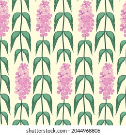 Buddleia seamless vector pattern background. Known as butterfly bush. Hand drawn clusters of pink purple petals on tall stems on yellow backdrop. Popular garden shrub geometric repeat. For wellness