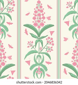 Buddleia seamless vector pattern background. Known as butterfly bush. Pink petals on tall stems with butterflies and stripes on yellow backdrop. Popular garden shrub vintage repeat for wellness