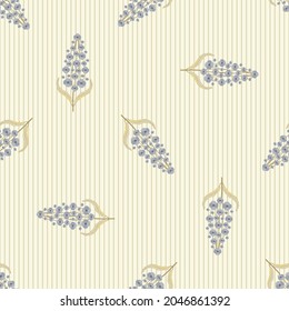 Buddleia seamless vector pattern background. Known as butterfly bush. Scattered backdrop with mauve purple petals with gold leaves stems on dense stripes. Elegant garden shrub repeat, history inspired