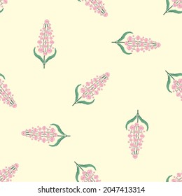 Buddleia seamless vector pattern background. Known as butterfly bush. Yellow backdrop with scattered pink petals and green leaves stems Elegant garden shrub repeat,vintage style all over print.