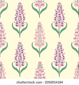 Buddleia seamless vector pattern background. Known as summer lilac. Hand drawn clusters of pink purple petals on tall stems on yellow backdrop. Popular garden shrub geometric repeat. For wellness