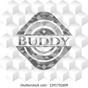 Buddy grey badge with geometric cube white background